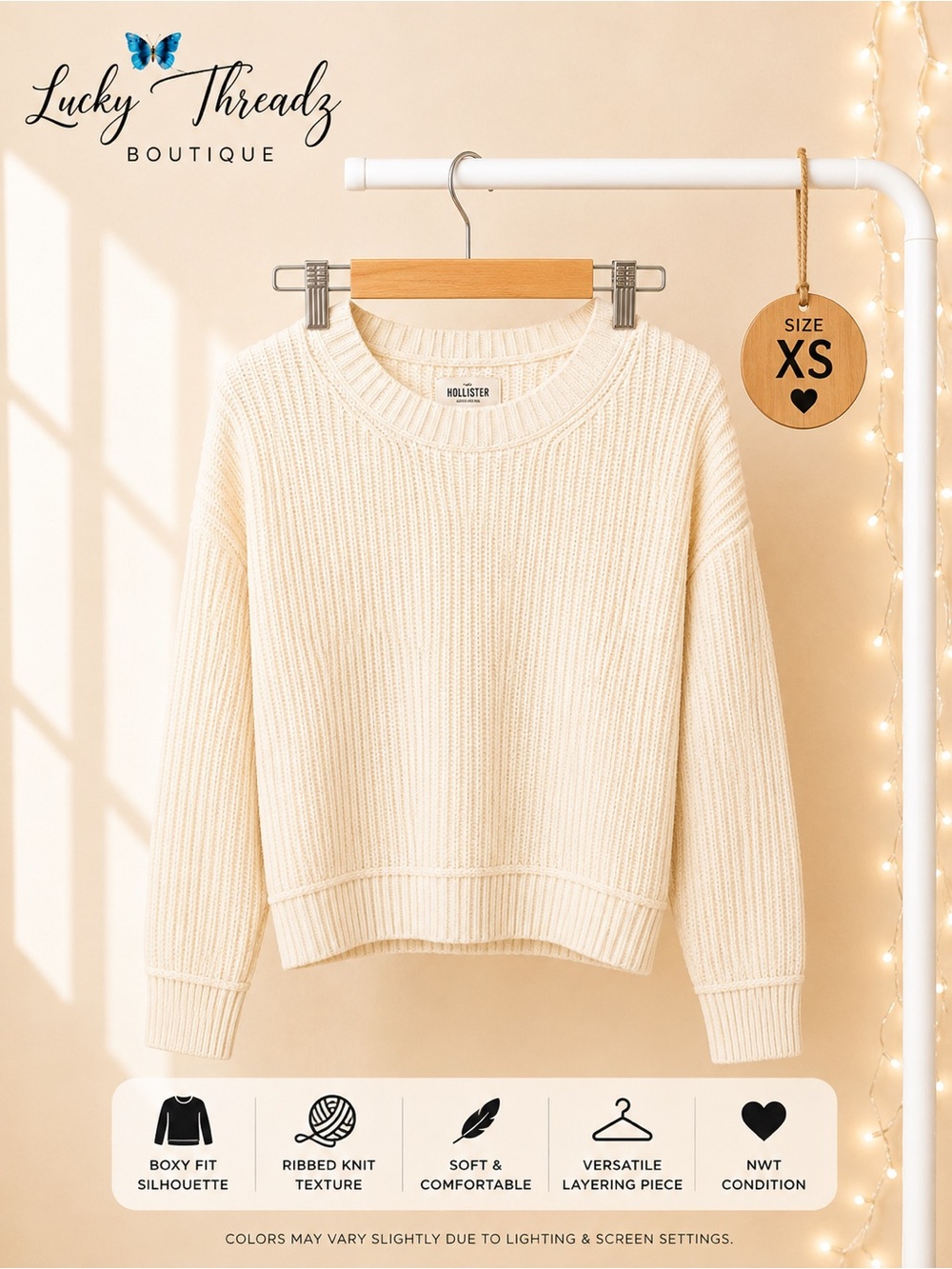 NWT Hollister Cream Ribbed Knit Boxy Crewneck Sweater XS